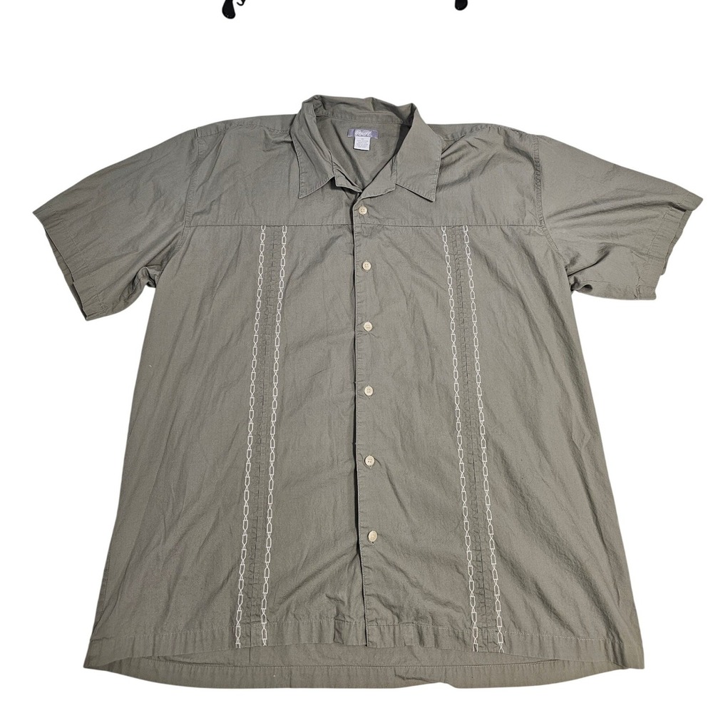 Vintage‎ Men XL Gray Embroidered Cotton Short Sleeve Button Down Camp Shirt Y2K